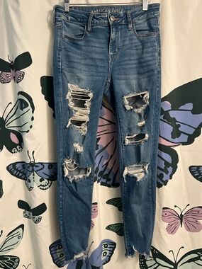 American Eagle Outfitters Women's Distressed High-Rise Blue Jeggings
